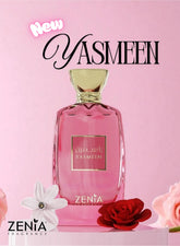 Pink perfume bottle with 'Yasmeen' branding on a pink background